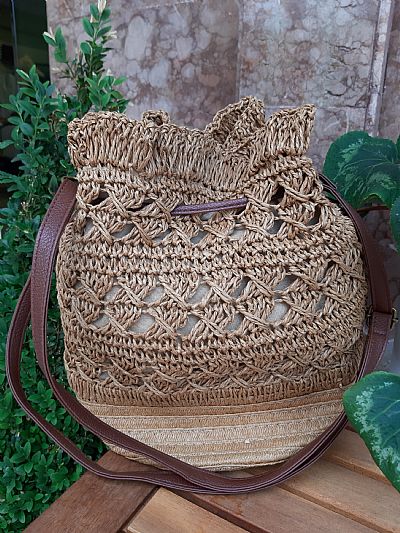 Τσάντα Ψάθινη Πουγκί Καφέ