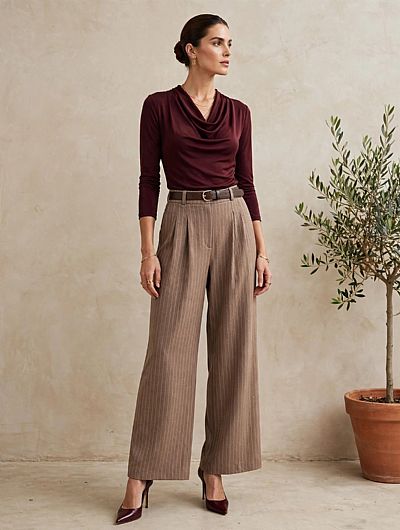 Παντελόνι Wide leg Ριγέ Καφέ 