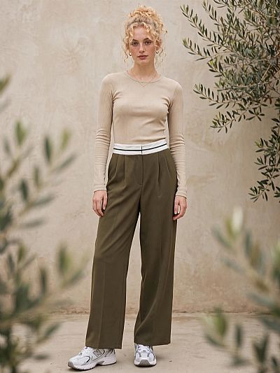Παντελόνι Wide leg με Φάσα Χακί