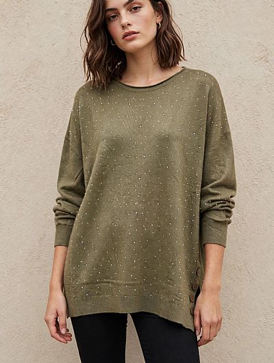 Μπλούζα Πλεκτή Oversized Strass Χακί