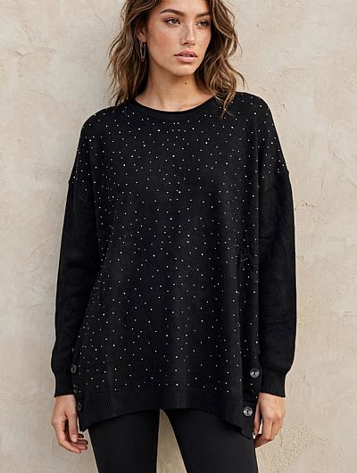 Μπλούζα Πλεκτή Oversized Strass Μαύρη