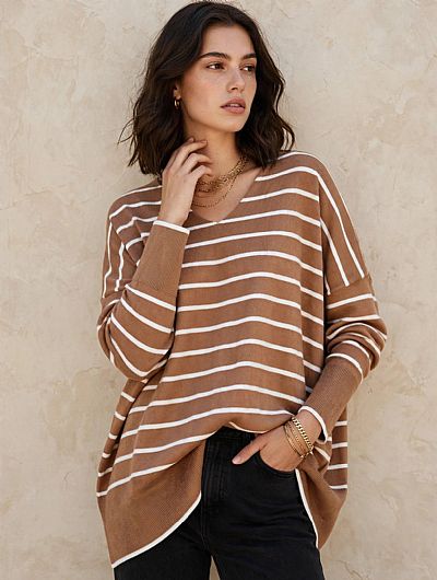 Μπλούζα Πλεκτή Ριγέ Oversized Κάμελ