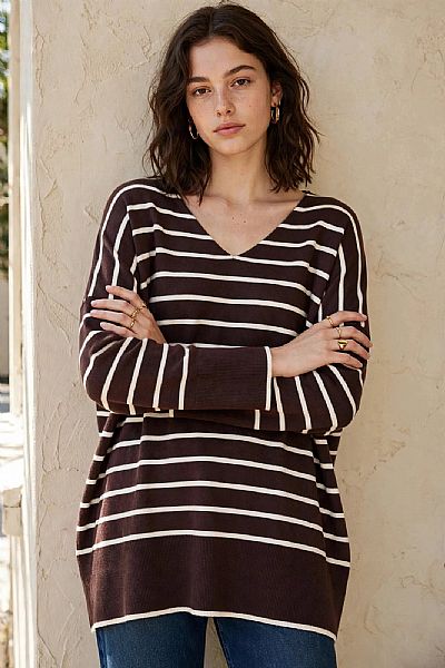 Μπλούζα Πλεκτή Ριγέ Oversized Καφέ