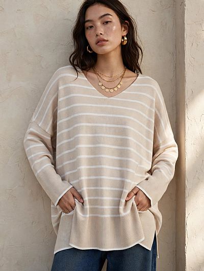 Μπλούζα Πλεκτή Ριγέ Oversized Μπεζ